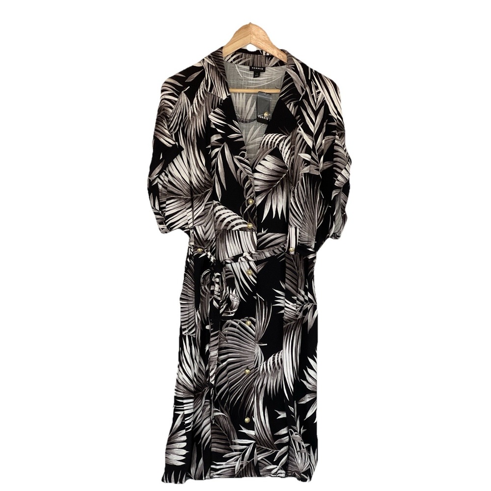 Torrid Mini Rayon Slub Button Front Collared Dress Palm Leaves Black Size 1 1X